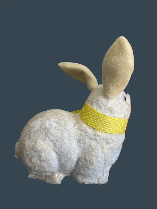 Vintage Flocked Easter Bunny Rabbit Yellow Ribbon 8" Decor Spring Display Worn - Picture 6 of 9